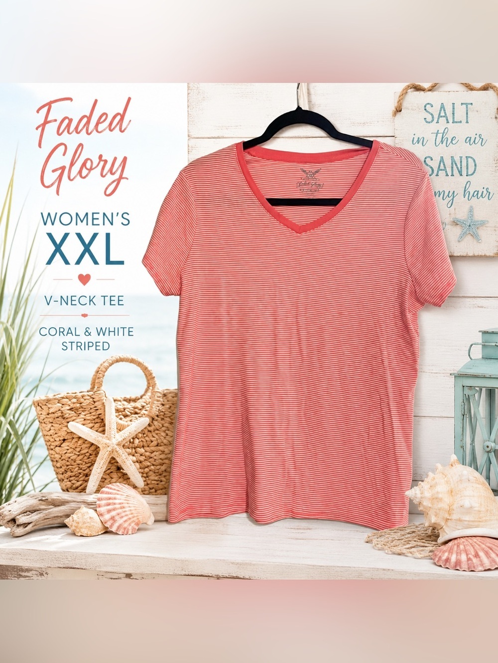 Faded Glory Women’s XXL Coral White Striped V-Neck Short Sleeve Tee